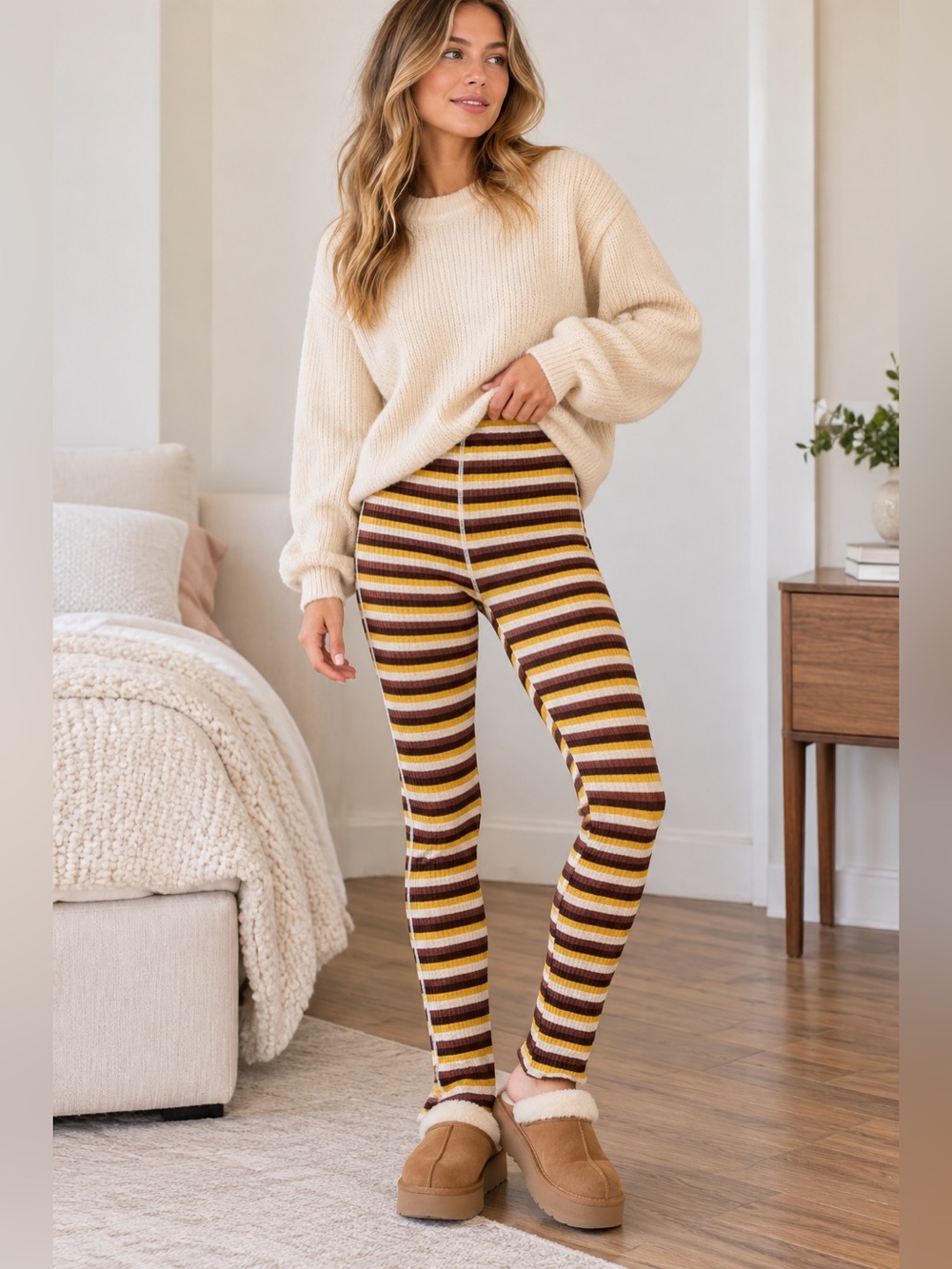 Free People Scrunch & Snuggle Striped Ribbed Leggings Brown Small